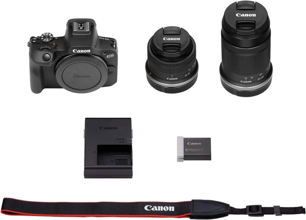 Canon EOS R100 RF-S18-45mm F4.5-6.3 is STM  RF-S55-210mm F5-7.1 is STM Lens Kit, Mirrorless Camera, RF Mount, 24.1 MP, Continuous Shooting, Full HD Video, 4K, Lightweight, Wi-Fi, Content Creation