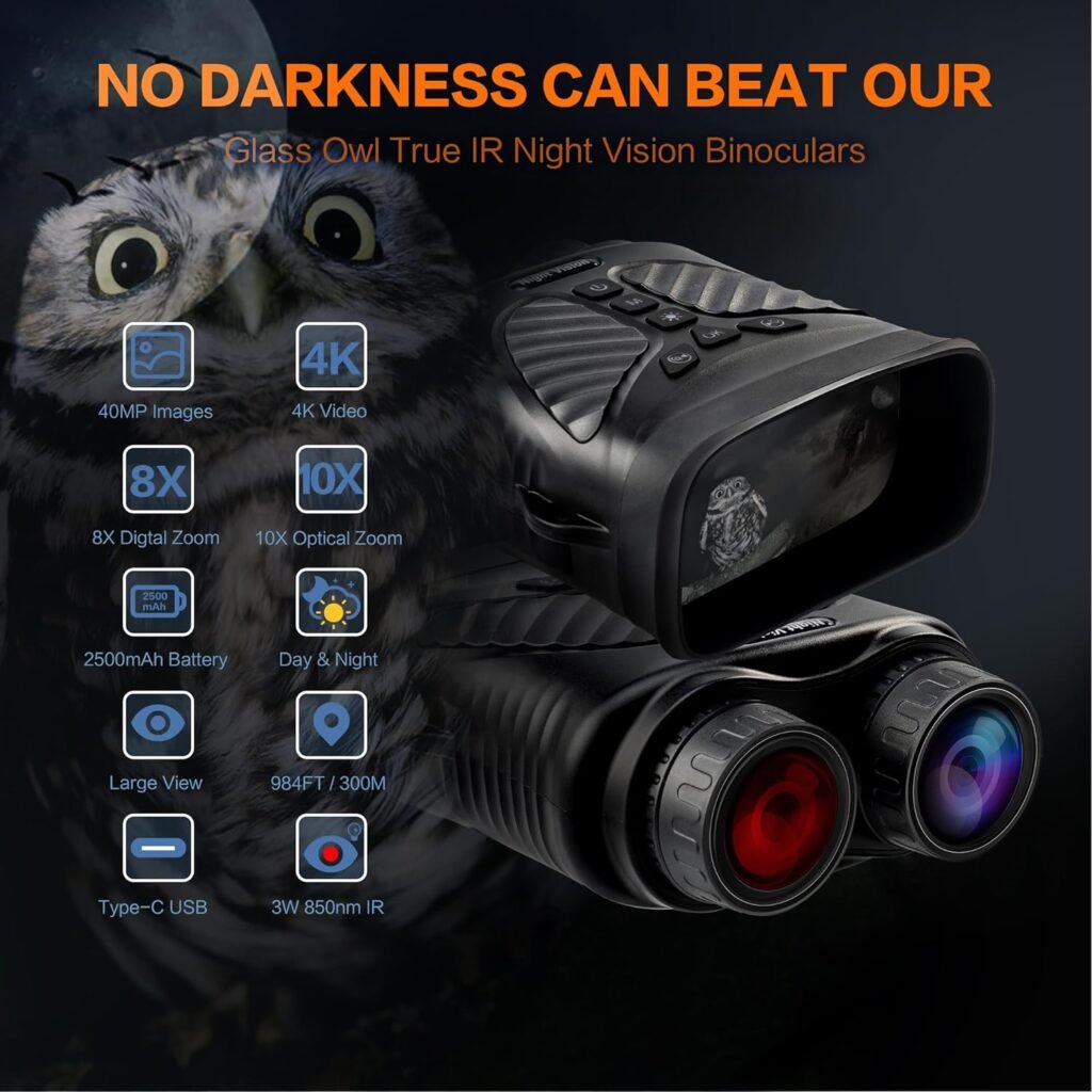 Digital Night Vision Binoculars for Total Darkness, 10X Optical Zoom Infrared Night Vision Goggles, 3 Large Screen Binoculars with 4K  40MP from 300m/964ft for Hunting  Surveillance