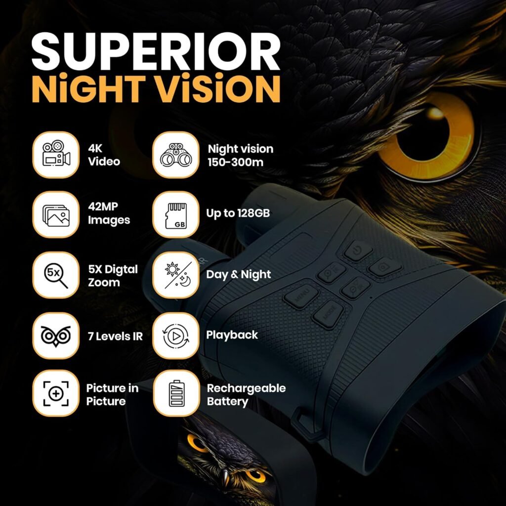 M. A. C. Night Vision Goggles Picture in Picture 42MP 4K Night Vision Binoculars for Adults Focusable 7 IR Levels 5X Digital Zoom 3 HD Display 5000mAh Battery 32GB SD Card Camping Surveillance