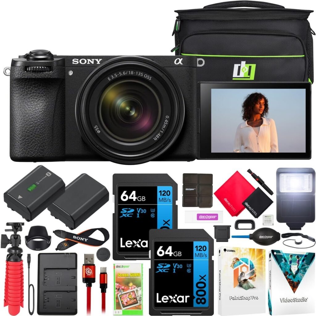 Sony a6700 Alpha APS-C Mirrorless Camera 26MP 4K with 18-135mm Lens Kit ILCE-6700M Bundle with Deco Gear Photography Bag + Flash + Extra Battery + Dual Charger + Software  Deluxe Accessories Kit