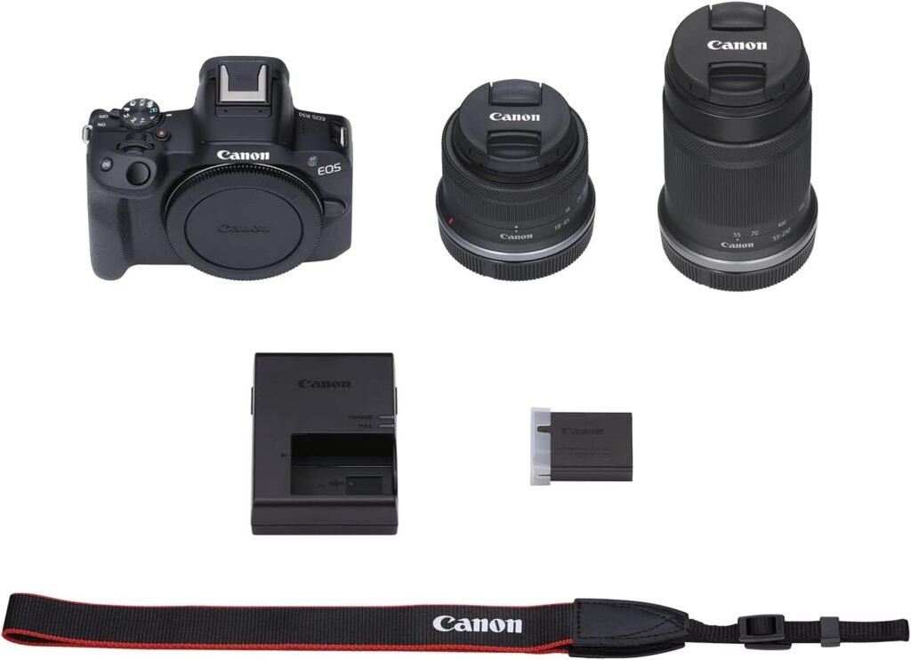 Canon EOS R50 Mirrorless Vlogging Camera (Black) w/RF-S18-45mm F4.5-6.3 is STM  RF-S55-210mm F5-7.1 is STM Lenses, 24.2 MP, 4K Video, Subject Detection  Tracking, Compact, Smartphone Connection