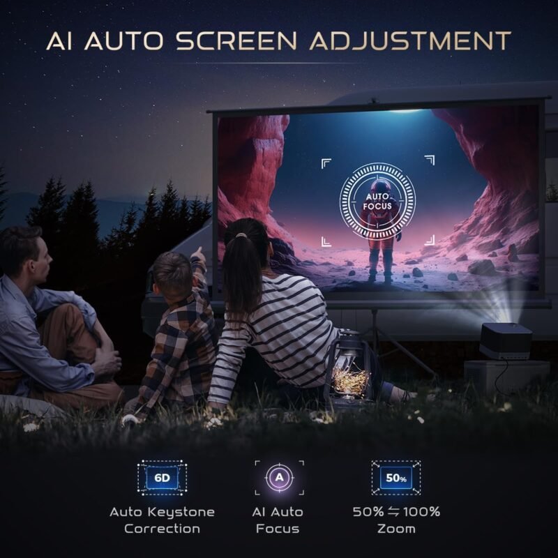 All-ln-One Projector 4K Supported, AURZEN BOOM 3 Smart Projector with WiFi and Bluetooth, 3D Stereo Sound  36W Speakers, AI Auto Focus  Keystone, Netflix Official 500 ANSI Home Outdoor proyector