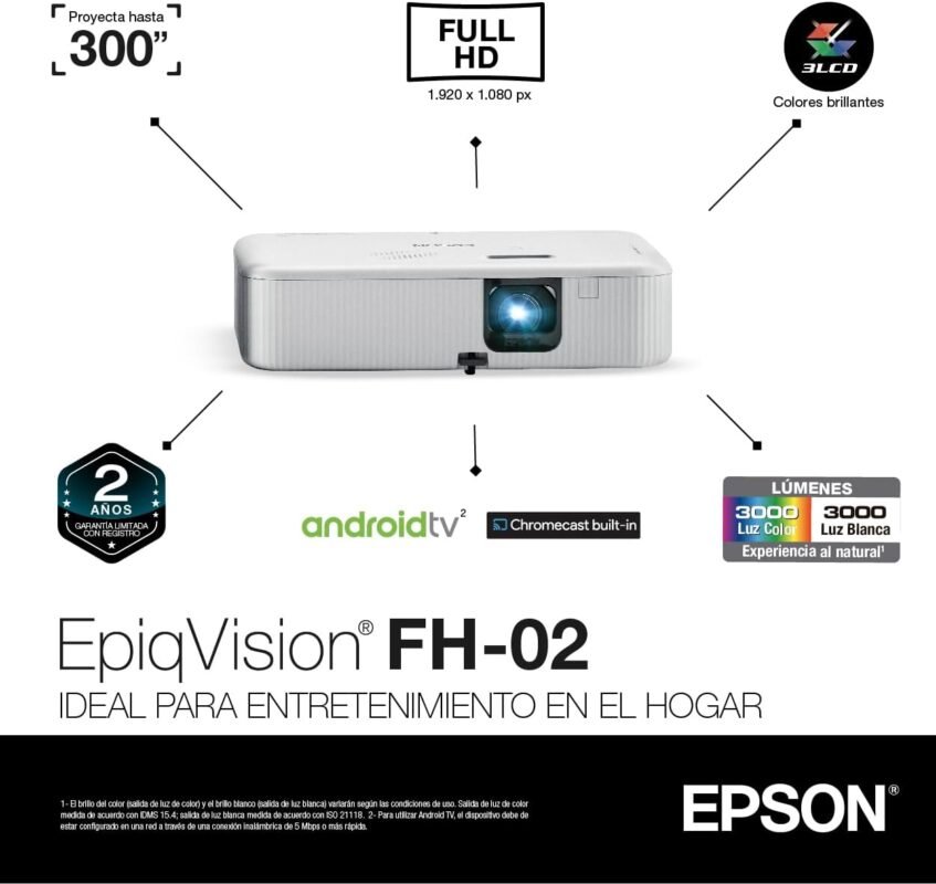 Epson EpiqVision Flex CO-FH02 Full HD 1080p Smart Streaming Portable Projector, 3-Chip 3LCD, 3,000 Lumen Color/White Brightness, Android TV, Bluetooth, 5W Speaker, Home Entertainment