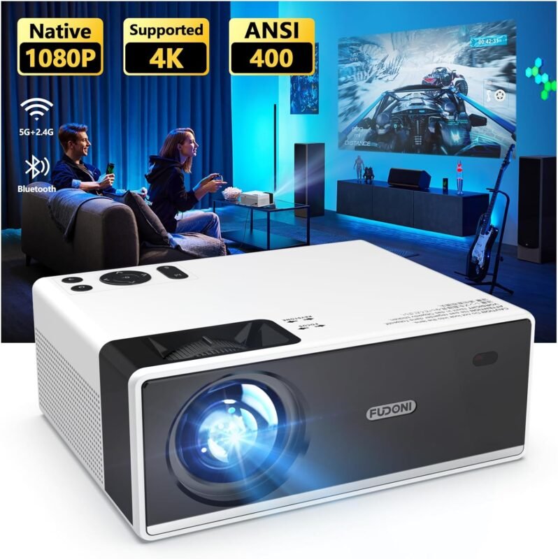 FUDONI Projector with WiFi and Bluetooth, Outdoor Portable 4K Support Projector 15000L HD 1080P Max 300 Display Zoom, Movie Video Home Theater Projector Compatible with HDMI/USB/Phone/Laptop/TV Stick