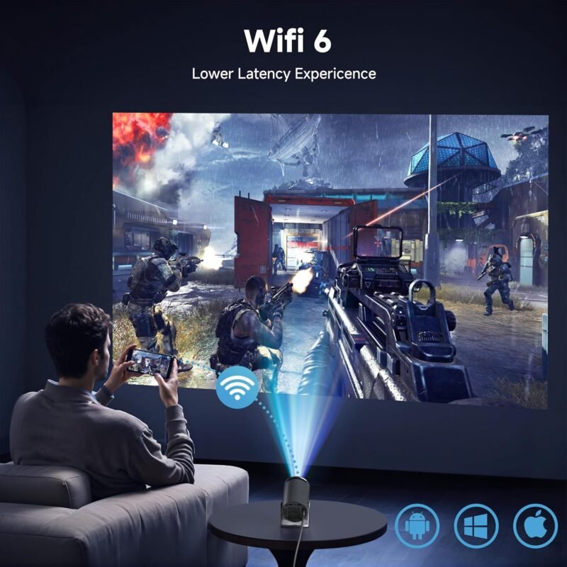 Mini Projector with Wifi and Bluetooth 1080P Support Smart Projector with Android TV 180° Rotatable Portable Outdoor Short Throw Projector Auto Keystone Home Theater for Phone/TV Stick/Laptop