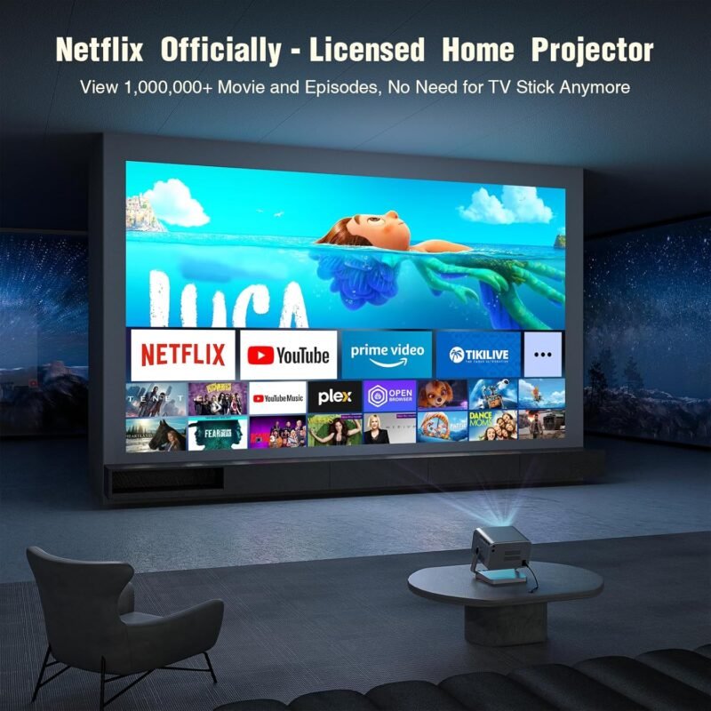 [Netflix Officially  AI Auto Focus]VOPLLS 4K Projector with WiFi and Bluetooth, 3D Stereo Sound  Auto Keystone Video Projector, 600 ANSI Outdoor Movie Projector with Screen, MAX 300Display(Grey)