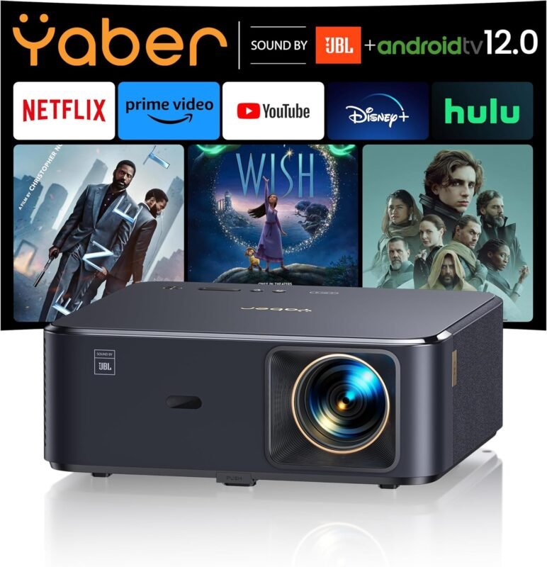 Projector 4K with Android TV, YABER K2s 800 ANSI WiFi 6 Bluetooth Projector, Sound by JBL, Dolby Audio, Auto Focus  Keystone, Native 1080P 4K Supported Outdoor Movie Projector with Netflix 7000+ Apps