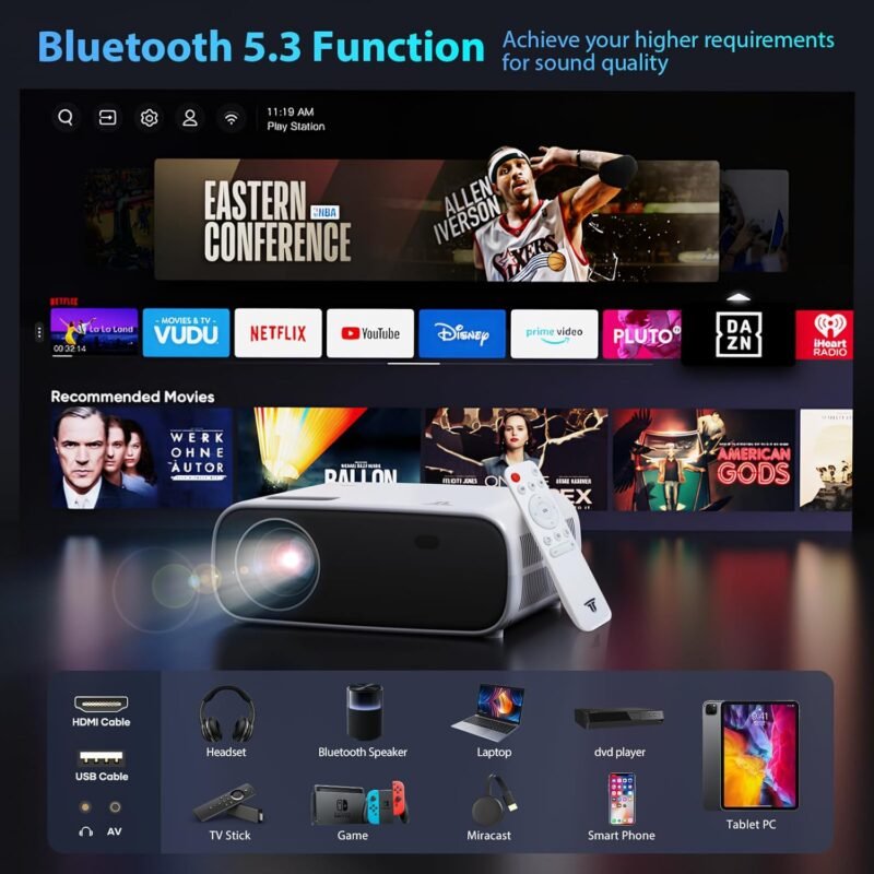 Projector, Native 1080P Projector with WiFi and Bluetooth, 15000 Lumen Portable Outdoor Movie Mini Projector Compatible with iOS/Android/Laptop/HDMI/PC/TV Stick/USB