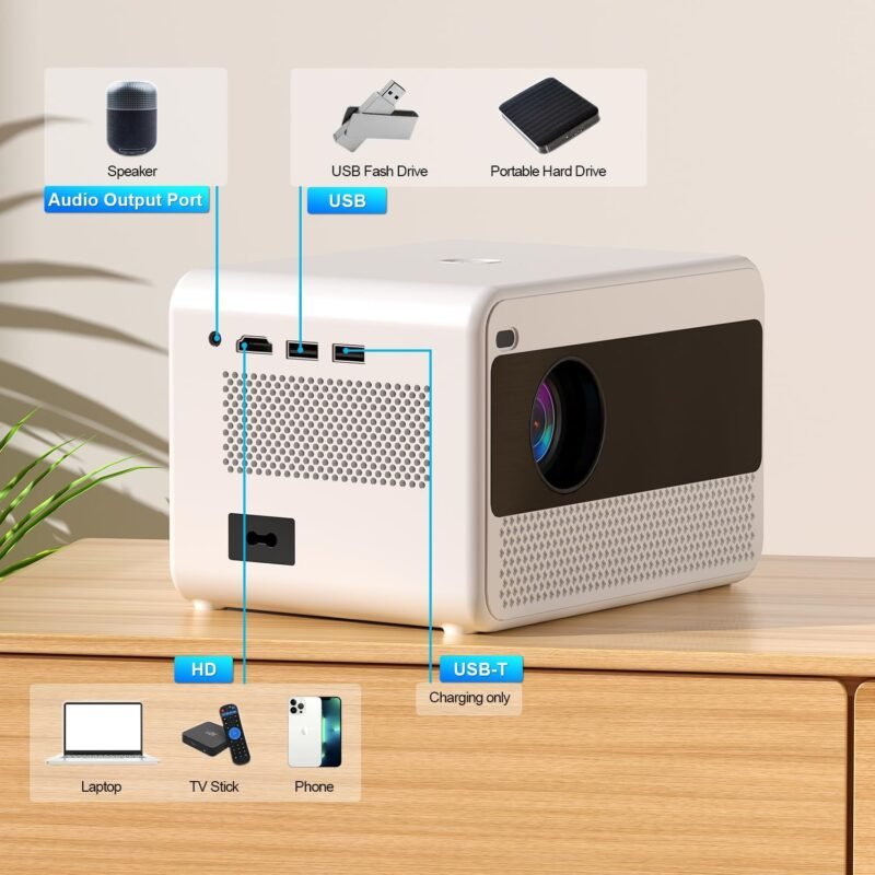 Projector with WiFi and Bluetooth, 16000 Lumen Indoor Outdoor Portable Projector, Native 1080P Video Movie Projector Compatible with iOS  Android Phone HD/USB/TV Stick/PS5/Laptop