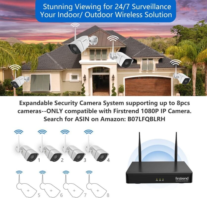 Security Camera System Wireless,Firstrend 1080P 8CH Wireless Home Security Systems with 4pcs 2MP Full HD Cameras 1TB HDD Night Vision Motion Detection Free App for Indoor Outdoor Video Surveillance