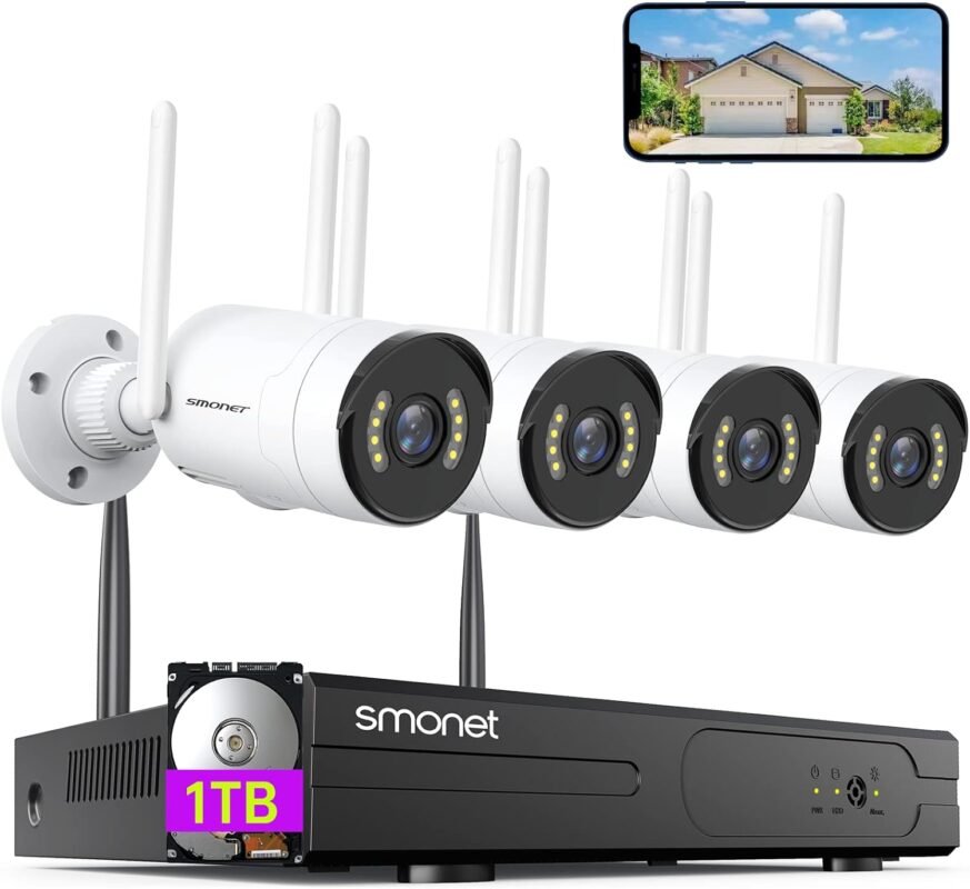 [Spotlight,2-Way Audio] SMONET 2K WiFi Security Camera System,1TB Hard Drive,8CH Home CCTV Surveillance DVR Kits,4 Packs Outdoor Indoor IP Cameras Set,Free Phone APP,Night Vision,24/7 Video Recording