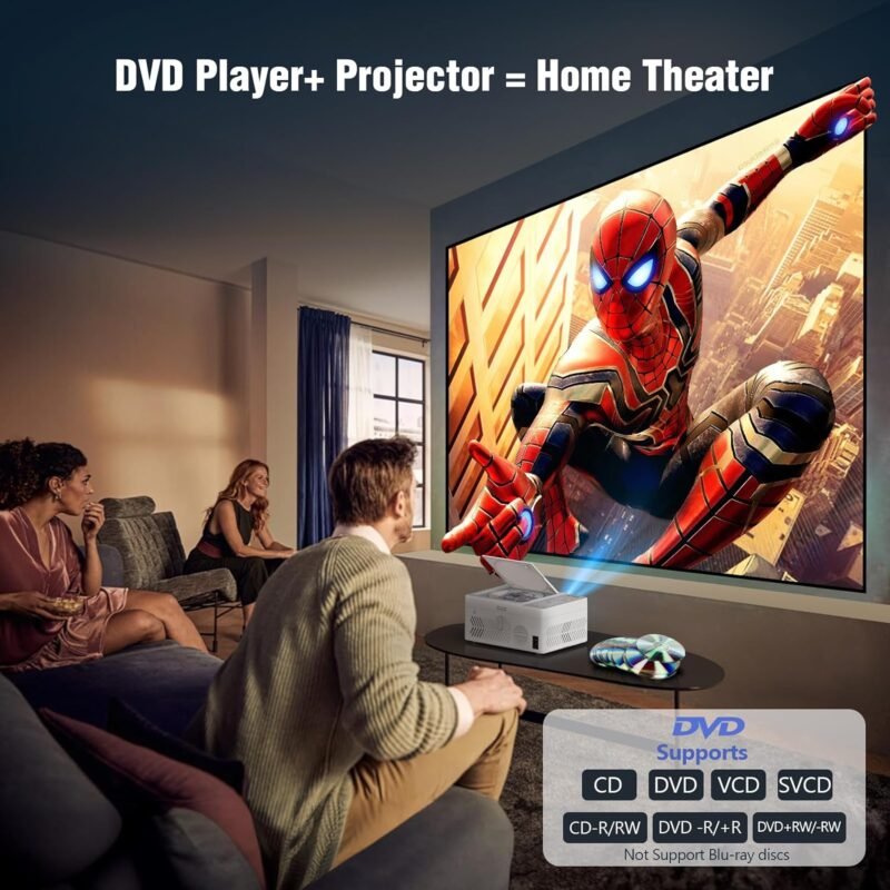 TMY Bluetooth Projector with DVD Player Built in, 1080P Mini Projector, Portable DVD Projector for Outdoor Movies, Compatible with Smartphone/PC/TV Stick/HDMI/USB/TF