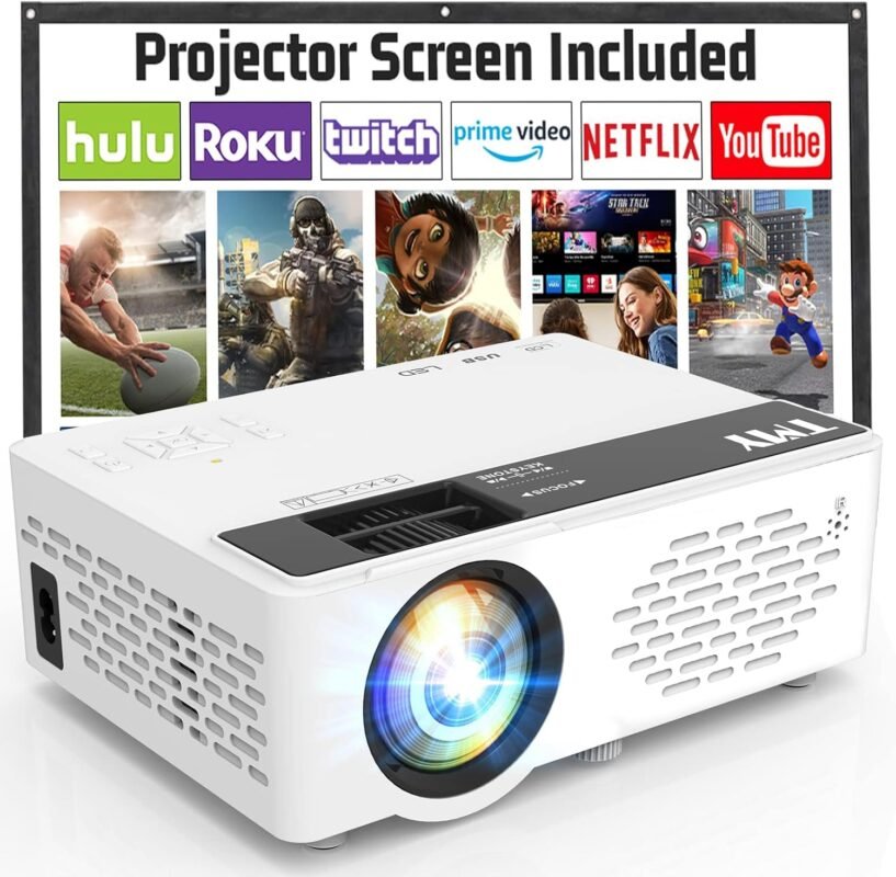 TMY Mini Projector, Upgraded Bluetooth Projector with Screen, 1080P Full HD Portable Projector, Movie Projector Compatible with TV Stick Smartphone/HDMI/USB, indoor  outdoor use