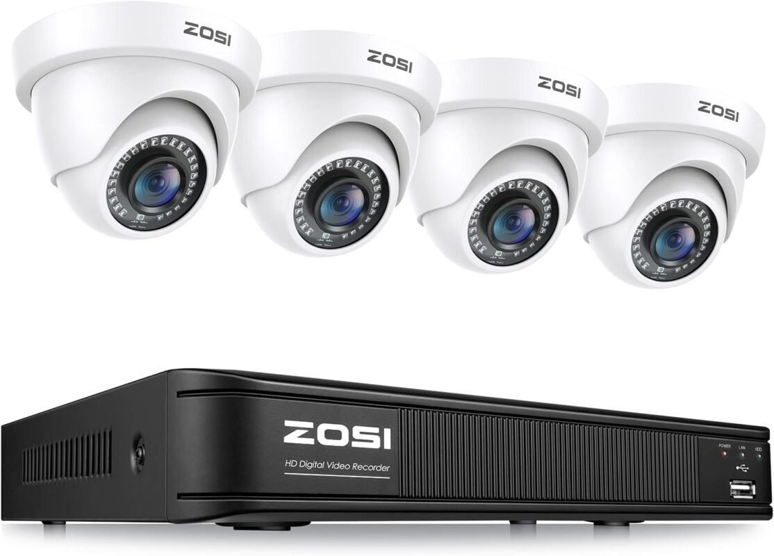 ZOSI 1080P H.265+ Home Security Camera System with AI Human Vehicle Detection, 5MP 3K 8 Channel Surveillance DVR and 4 x 1080p Weatherproof CCTV Dome Camera Outdoor Indoor, 80ft Night Vision, No HDD