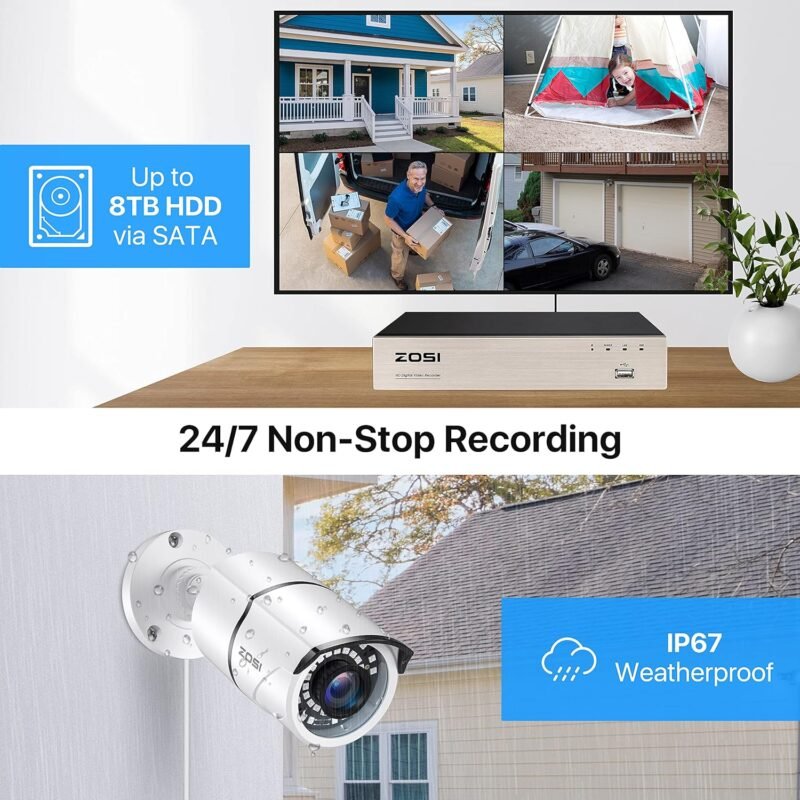 ZOSI 8CH 3K Lite Home Security Camera System Outdoor with 1TB HDD,AI Human/Vehicle Detection,120ft Night Vision,H.265+ 8 Channel Wired DVR with 4pcs 1080P Weatherproof CCTV Cameras,for 24/7 Recording