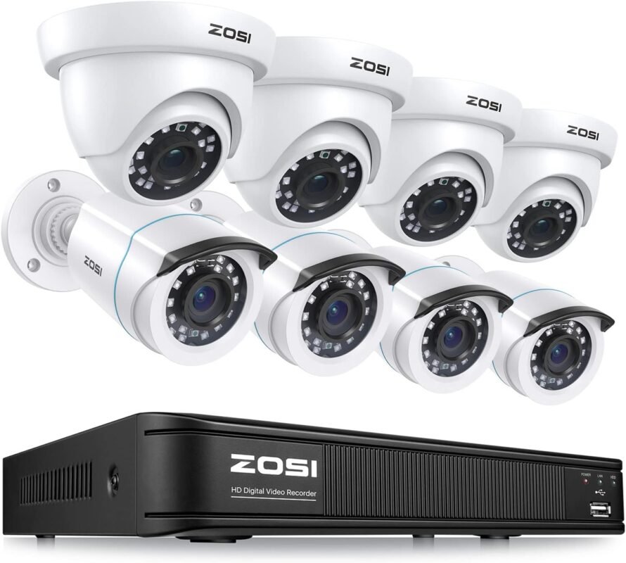 ZOSI H.265+ 1080p Home Security Camera System Indoor Outdoor, 5MP Lite CCTV DVR 8 Channel and 8 x 1080p Weatherproof Surveillance Bullet Dome Camera, Remote Access, Motion Detection (No Hard Drive)